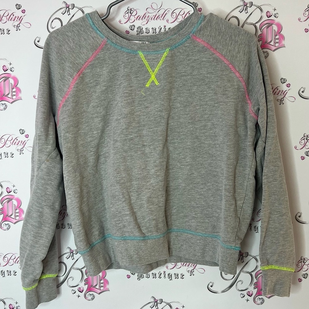 Dex Gray Sweater with Neon Details trim embroidered pull over bright multi color
